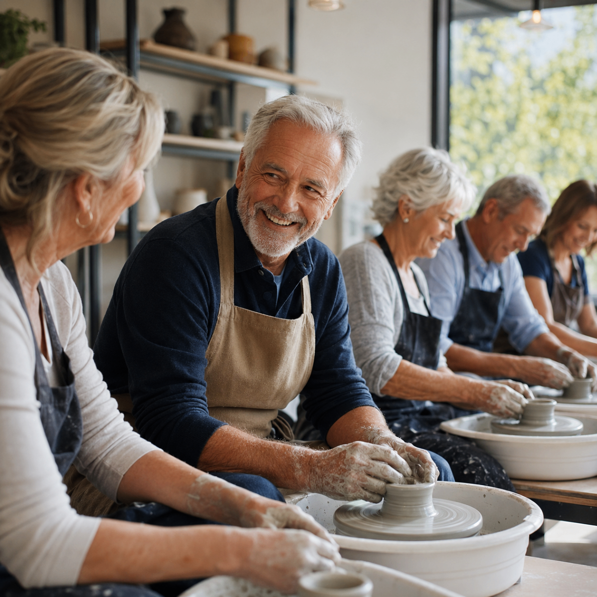 A pottery class with several adults shaping clay at the wheel