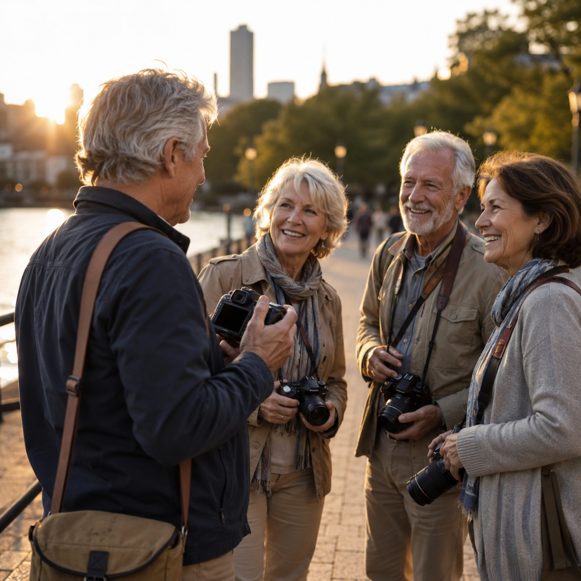 A photography meetup with cameras in hand during golden hour