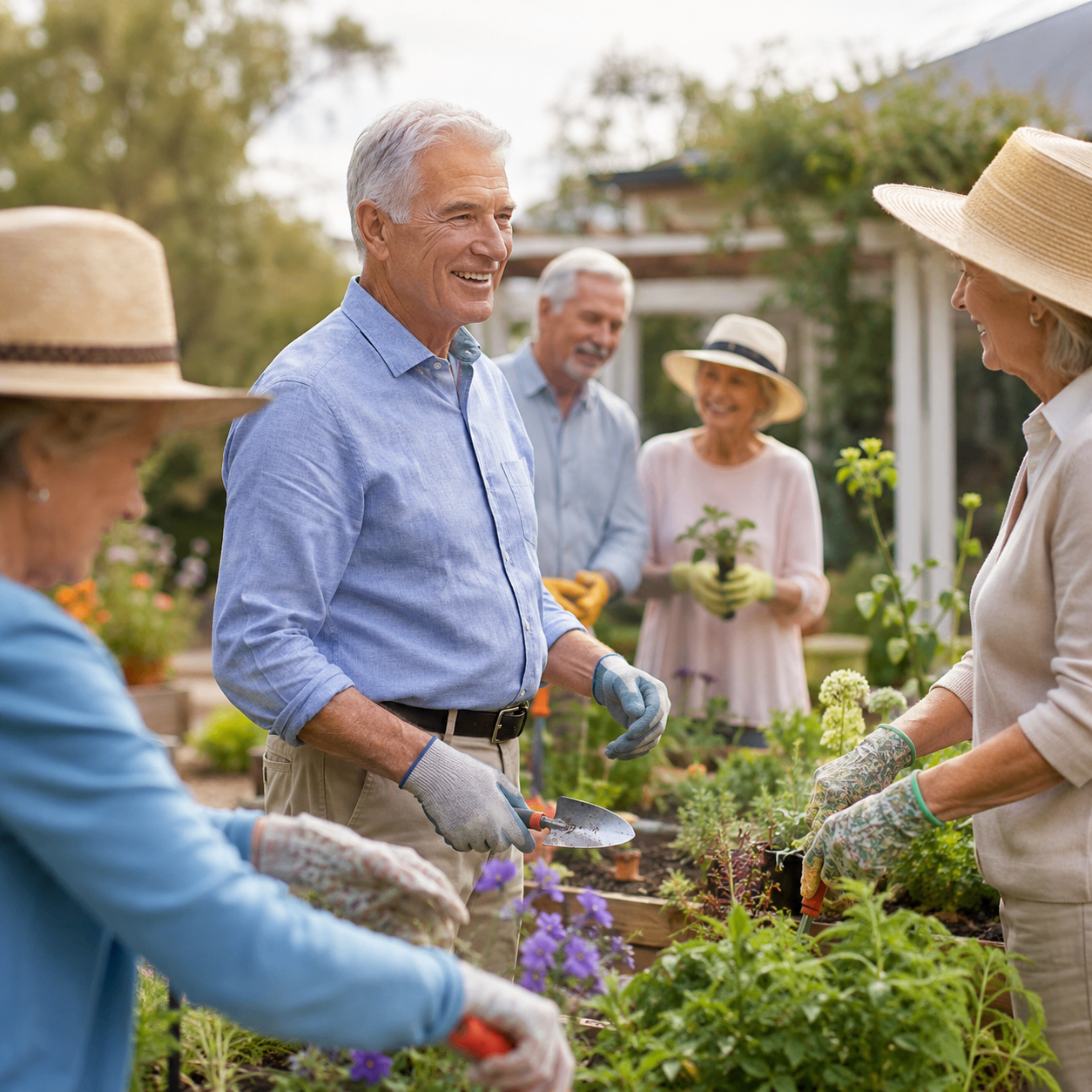 A small group gardening together in a lush backyard