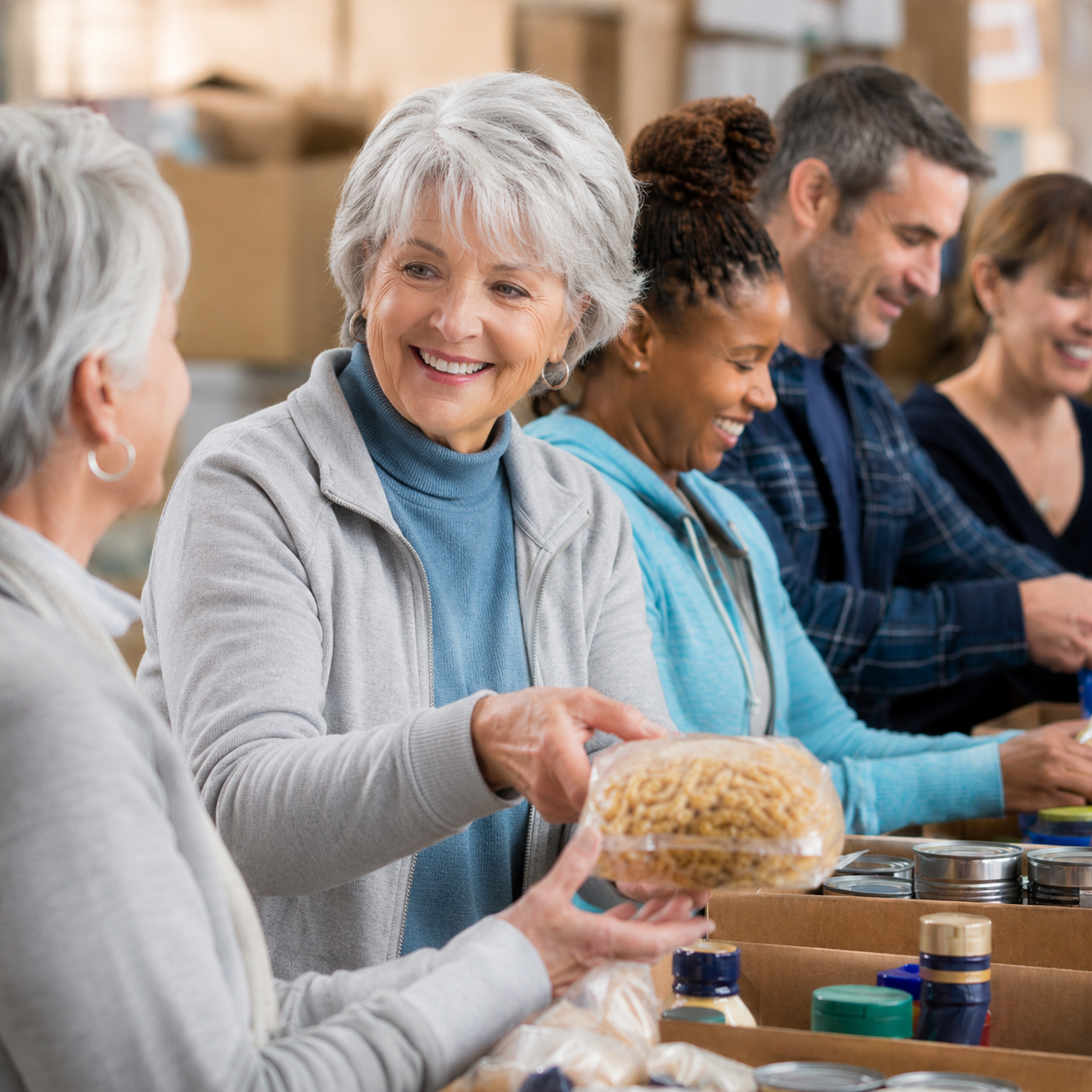 A volunteer group packing food donations together at a community table